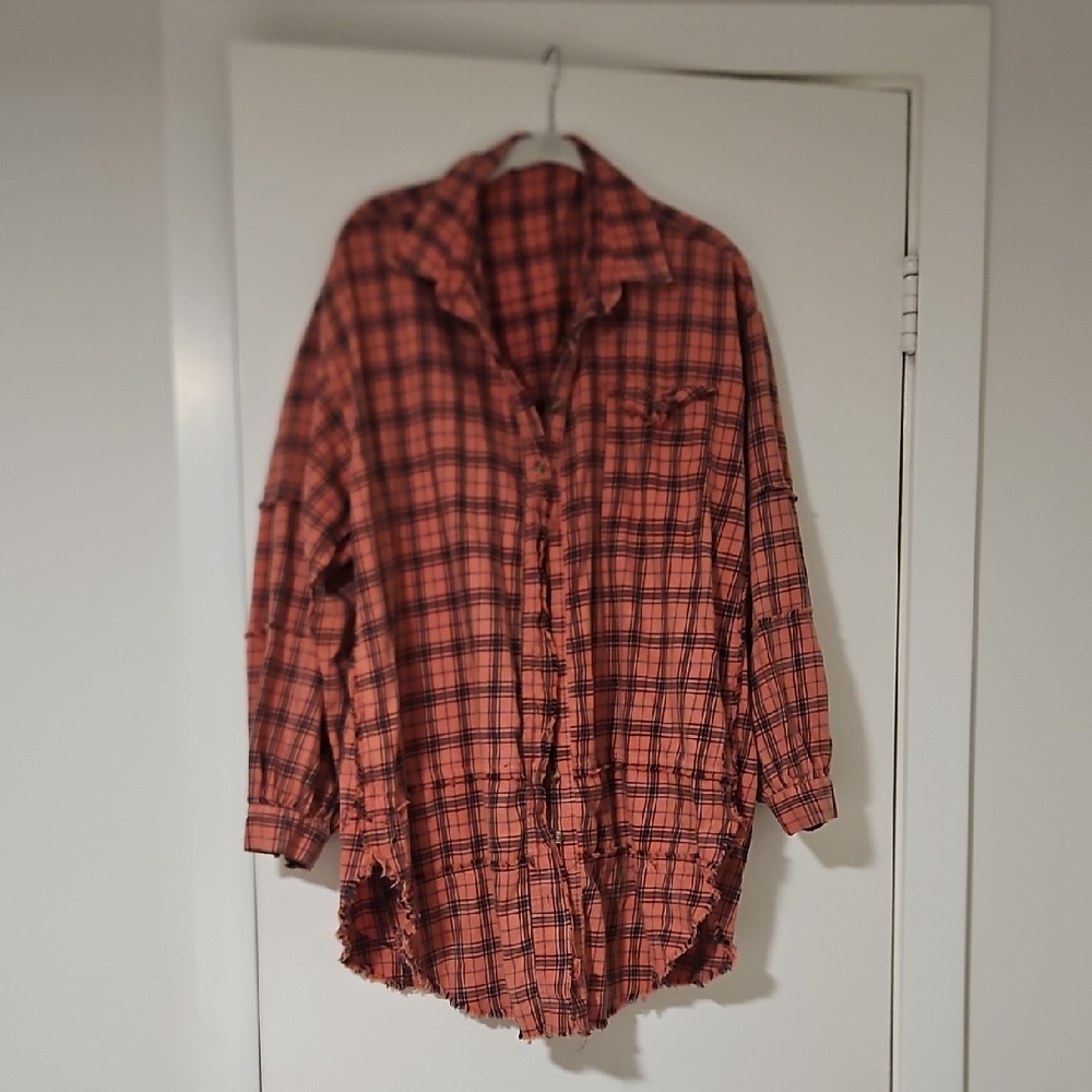 Peach Plaid Button-Up Shirt